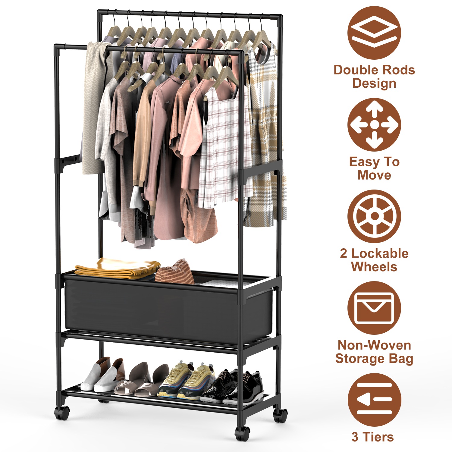 3-Tier Dual Rods Garment Rack w/Storage Bag Clothing Rack w/ Lockable Wheels 57″