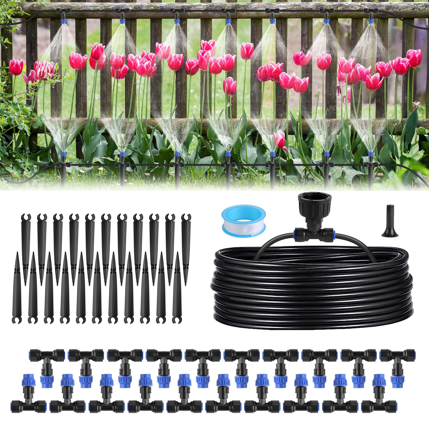 75FT Mist Drip Irrigation System with Adjustable Misting Nozzle Quick Connect