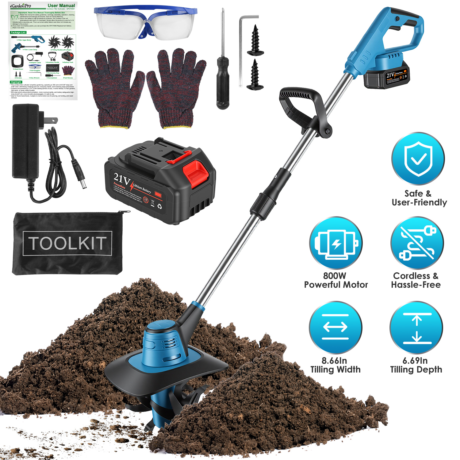 Cordless Tiller Cultivator Electric Powered Garden Rototiller w/Battery &Charger