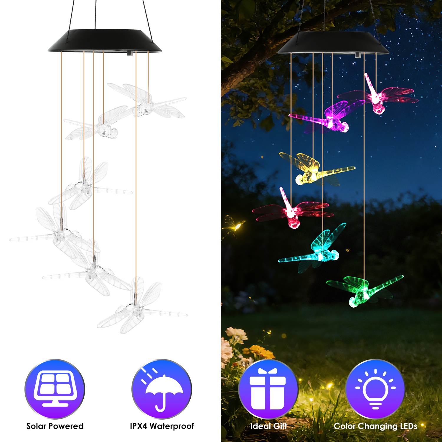 1/2PC Solar Powered Dragonfly Wind Chimes Color Changing Solar Lights Yard Decor