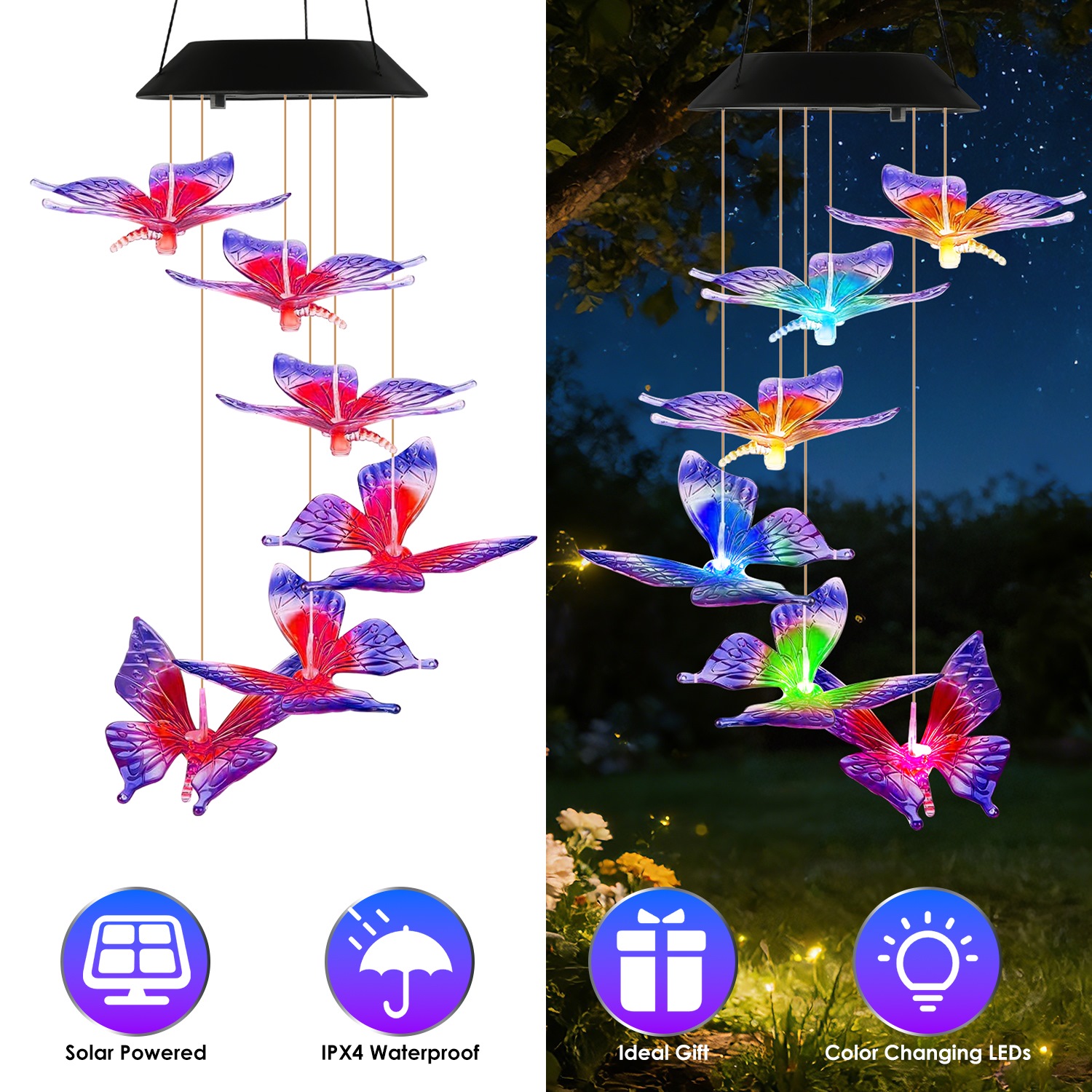 Solar Butterfly Wind Chimes 7 Color Changing Wind Chimes Waterproof Yard Decor