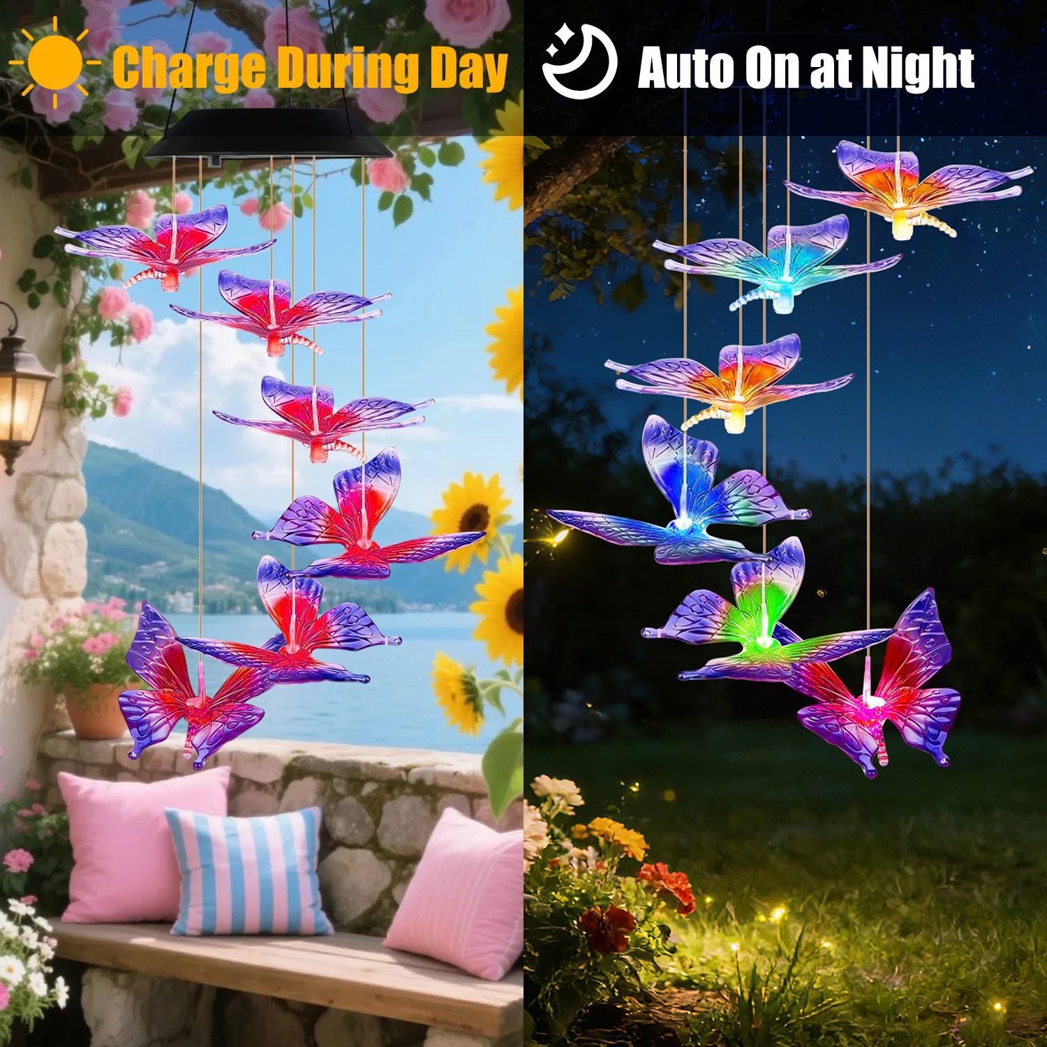 Solar Butterfly Wind Chimes 7 Color Changing Wind Chimes Waterproof Yard Decor