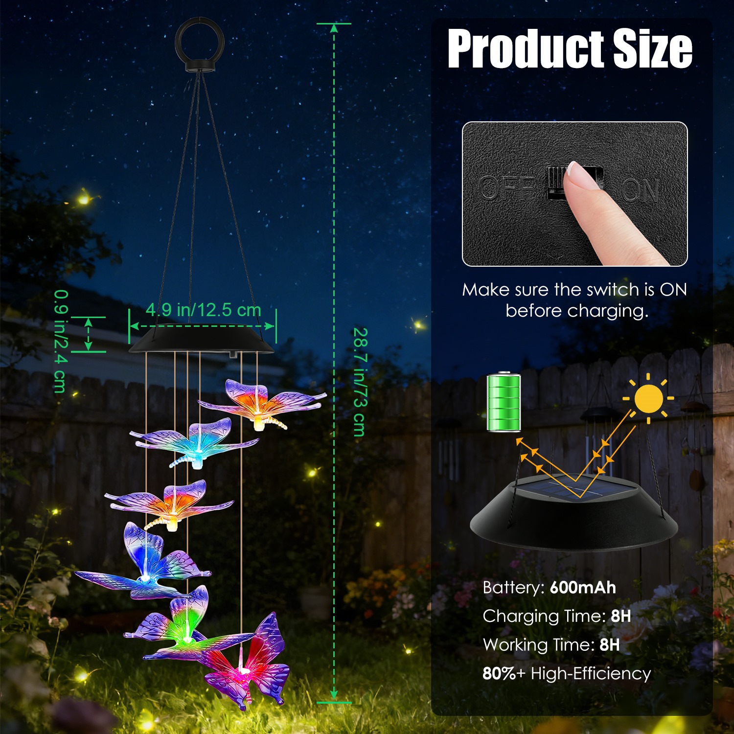 Solar Butterfly Wind Chimes 7 Color Changing Wind Chimes Waterproof Yard Decor