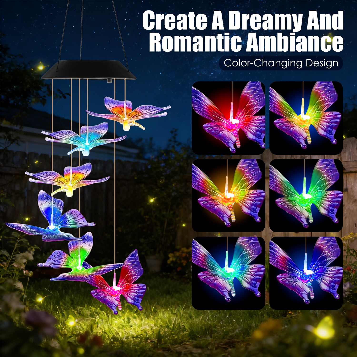 Solar Butterfly Wind Chimes 7 Color Changing Wind Chimes Waterproof Yard Decor