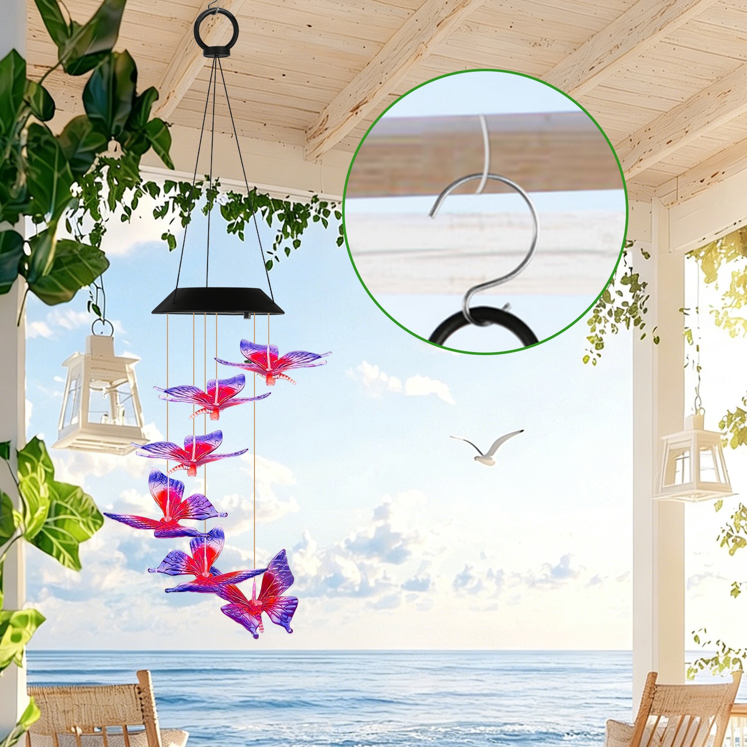 Solar Butterfly Wind Chimes 7 Color Changing Wind Chimes Waterproof Yard Decor