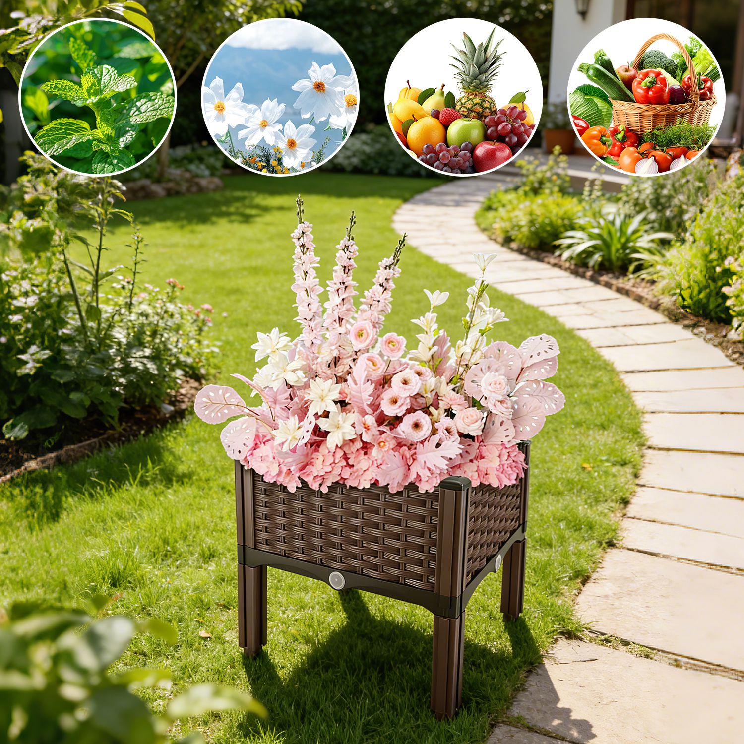 Raised Garden Bed Plastic Planter Box w/ Self-Watering Elevated Design Outdoor