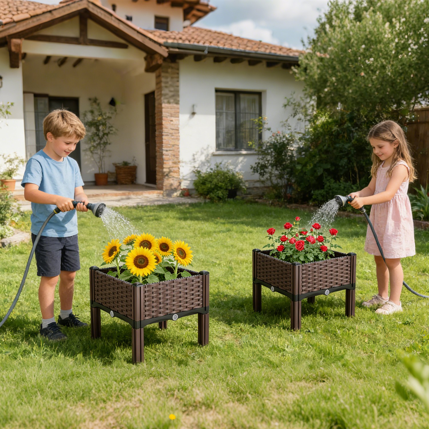 Raised Garden Bed Plastic Planter Box w/ Self-Watering Elevated Design Outdoor