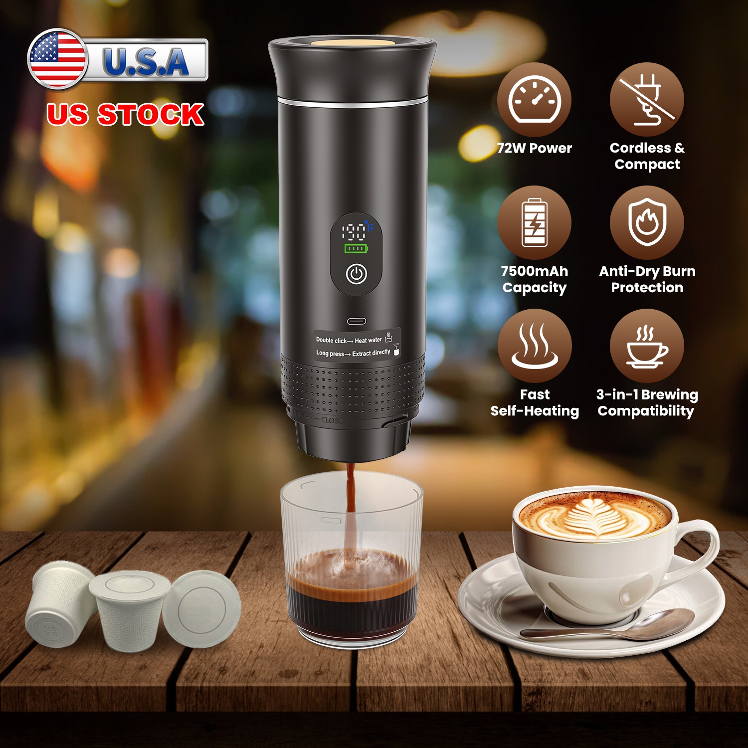 3-in-1 Portable Espresso Machine Cordless Self-Heating Coffee Maker Rechargeable