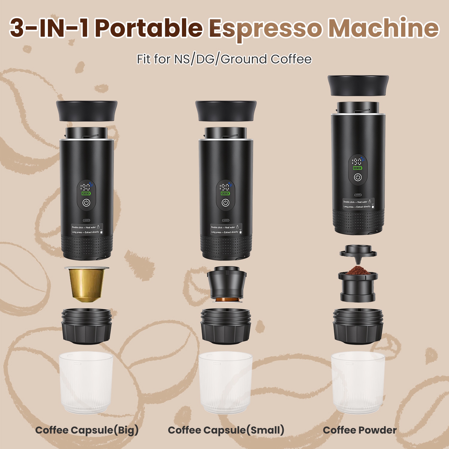 3-in-1 Portable Espresso Machine Cordless Self-Heating Coffee Maker Rechargeable