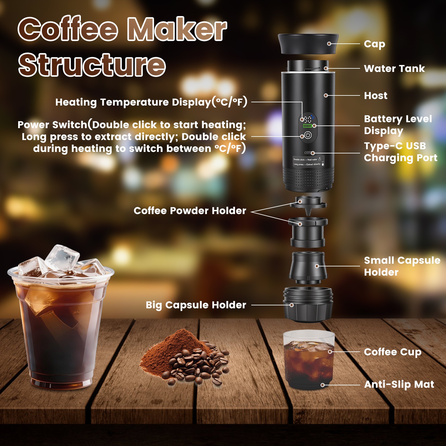 3-in-1 Portable Espresso Machine Cordless Self-Heating Coffee Maker Rechargeable