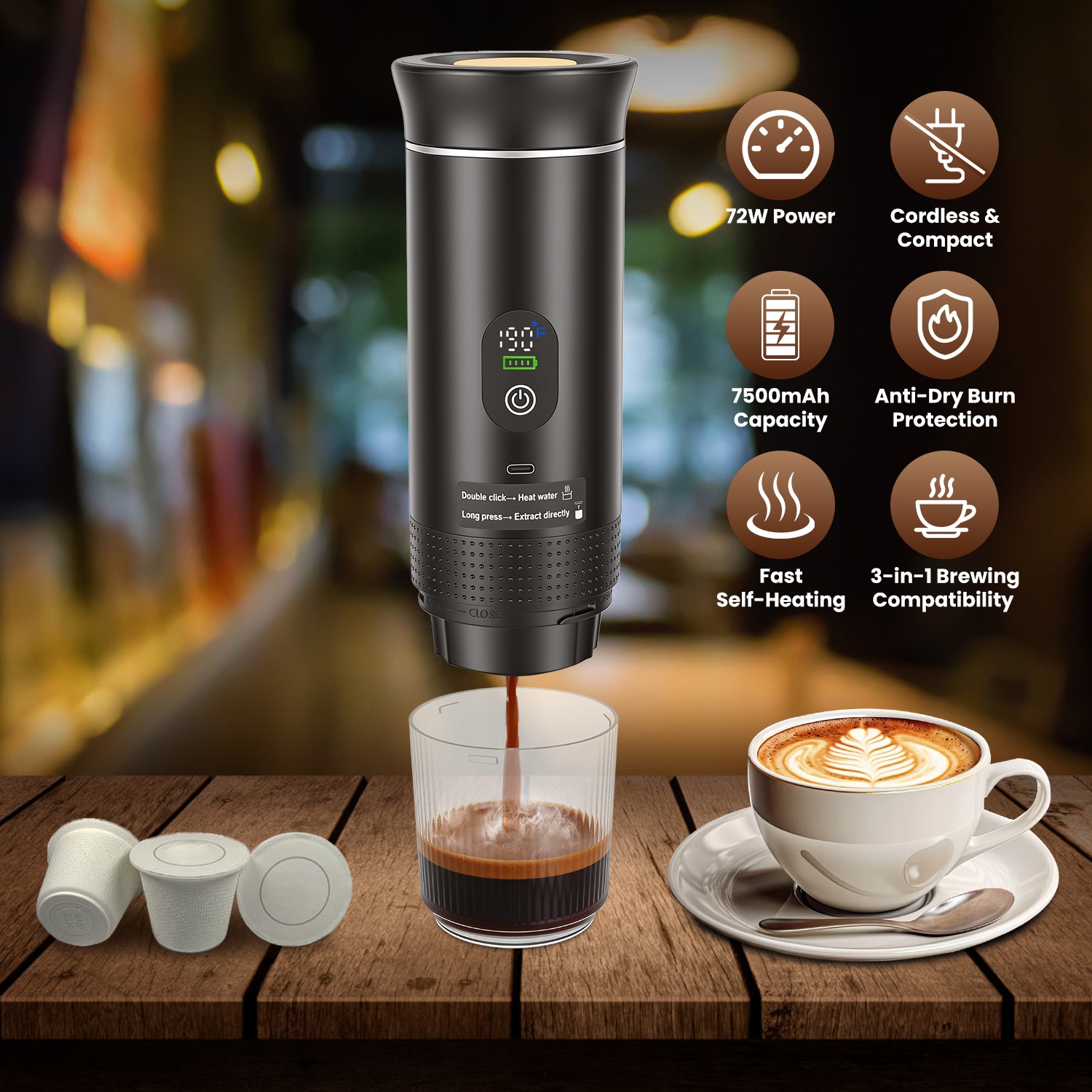 3-in-1 Portable Espresso Machine Cordless Self-Heating Coffee Maker Rechargeable
