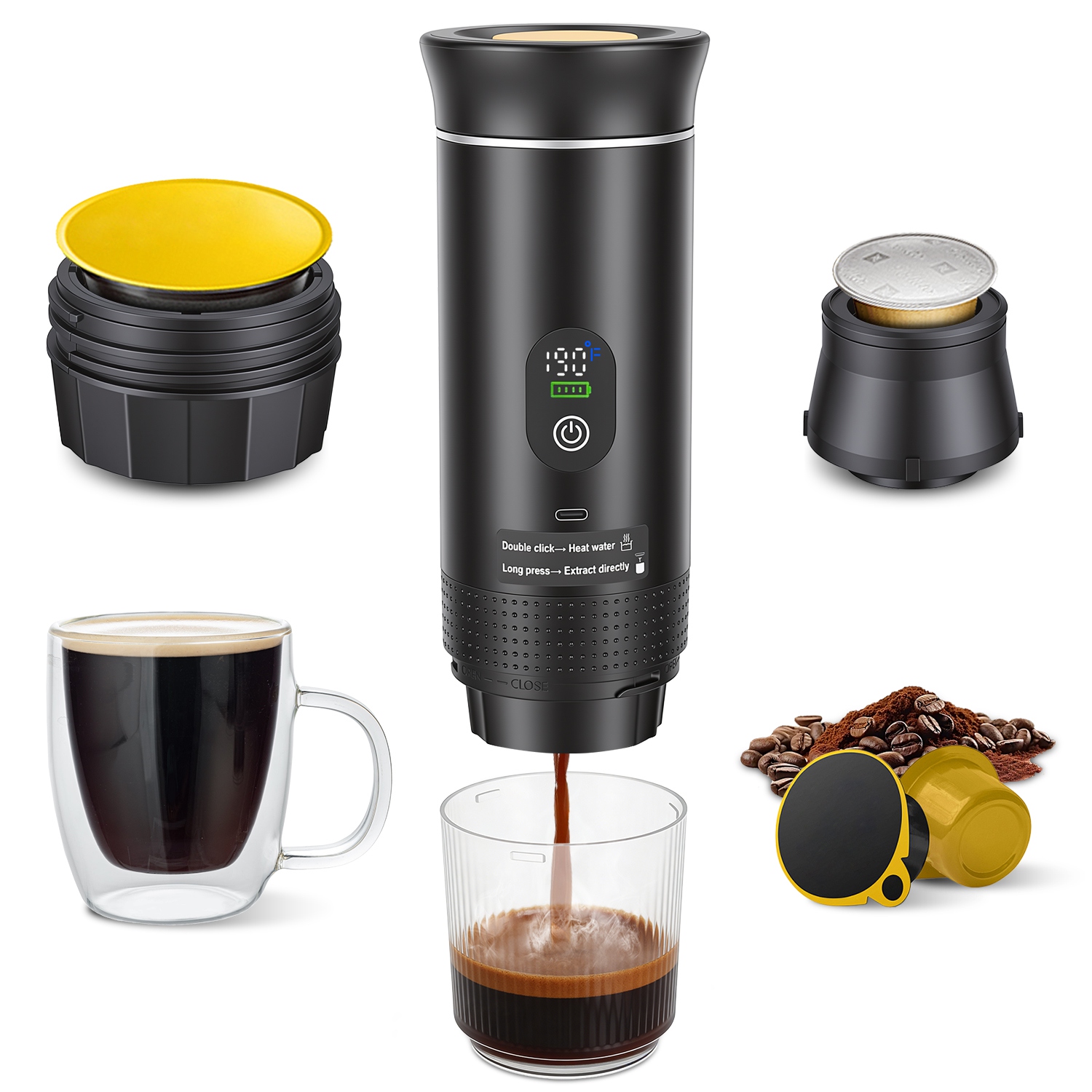 3-in-1 Portable Espresso Machine Cordless Self-Heating Coffee Maker Rechargeable