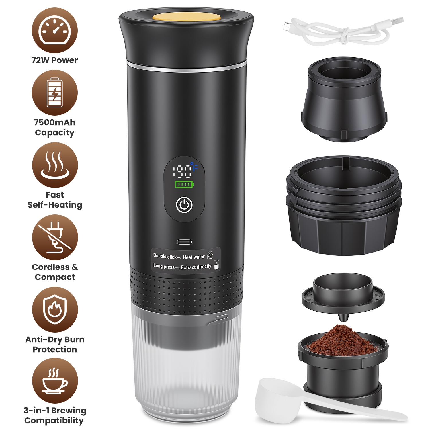 3-in-1 Portable Espresso Machine Cordless Self-Heating Coffee Maker Rechargeable