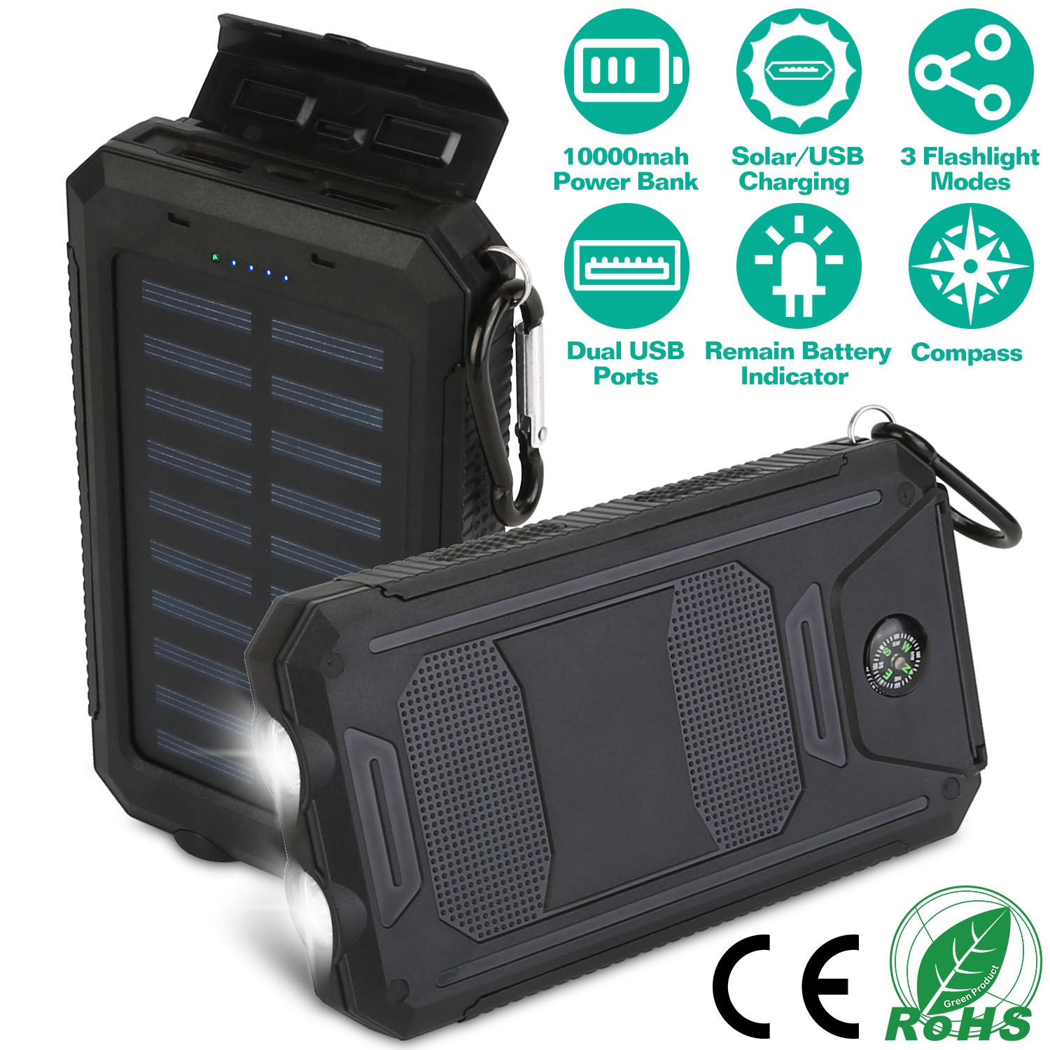 10000mAh Portable Charger Solar Power Bank External Battery Pack For Cell Phone