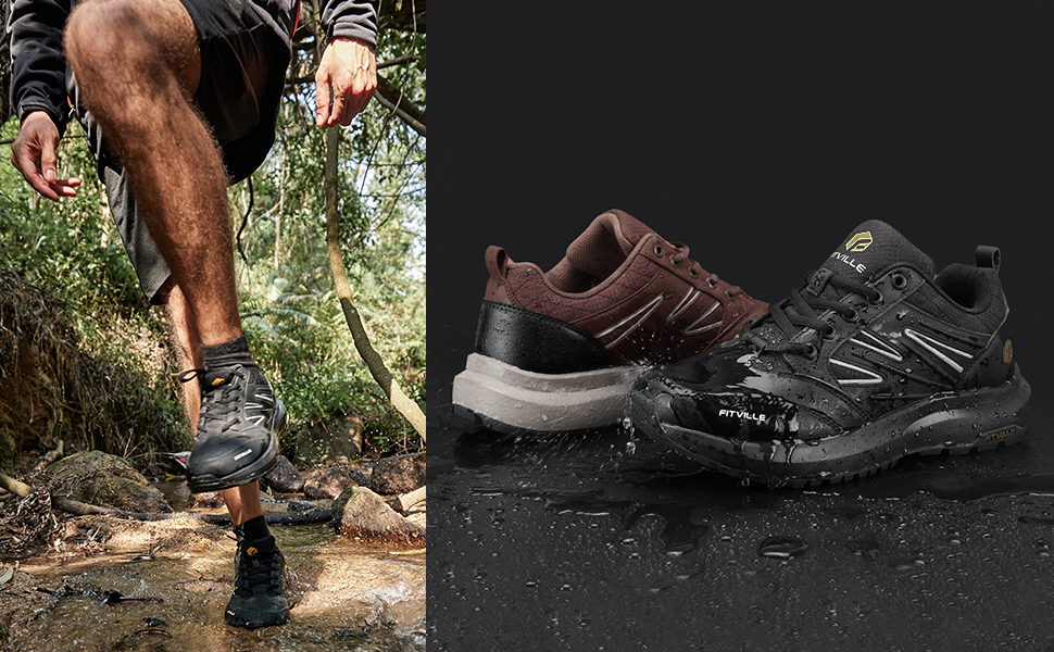 thumbnail image 2 of FitVille Men's Wide Toe Box Arch Support Hands-Free Outdoor Hiking Shoes | LugMax V5, Brown/Black / US 8 / Extra Wide/4E 2 of 14