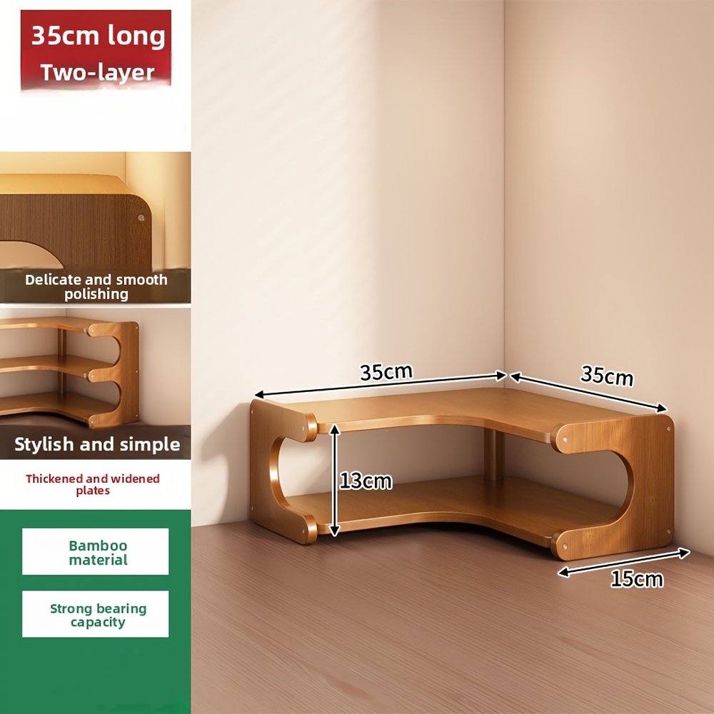 Multi-Tier Bamboo Corner Desk Shelf - Natural Wood Rectangular Corner Organizer