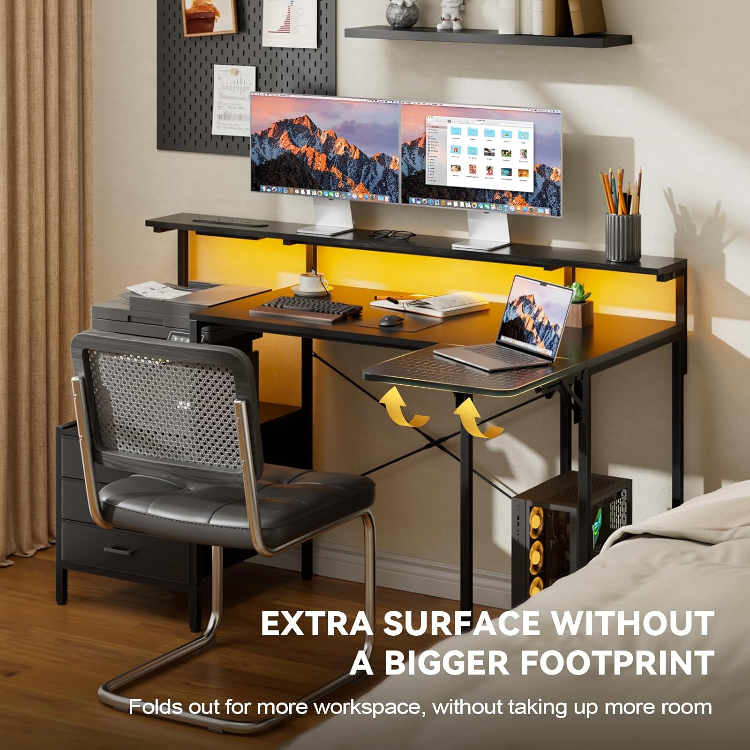 Computer Desk with Led Lights, Power Outlets & Storage Shelves, Home ...
