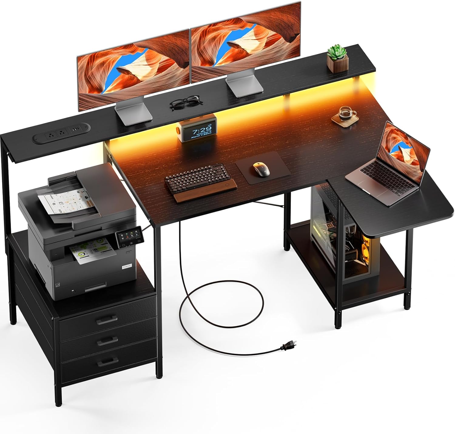 Computer Desk with Led Lights, Power Outlets & Storage Shelves, Home Office Desk