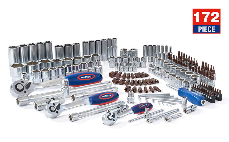 WORKPRO 172-Piece Socket Set 1/2" 3/8" 1/4" Drive, Cr-V Etric Sockets