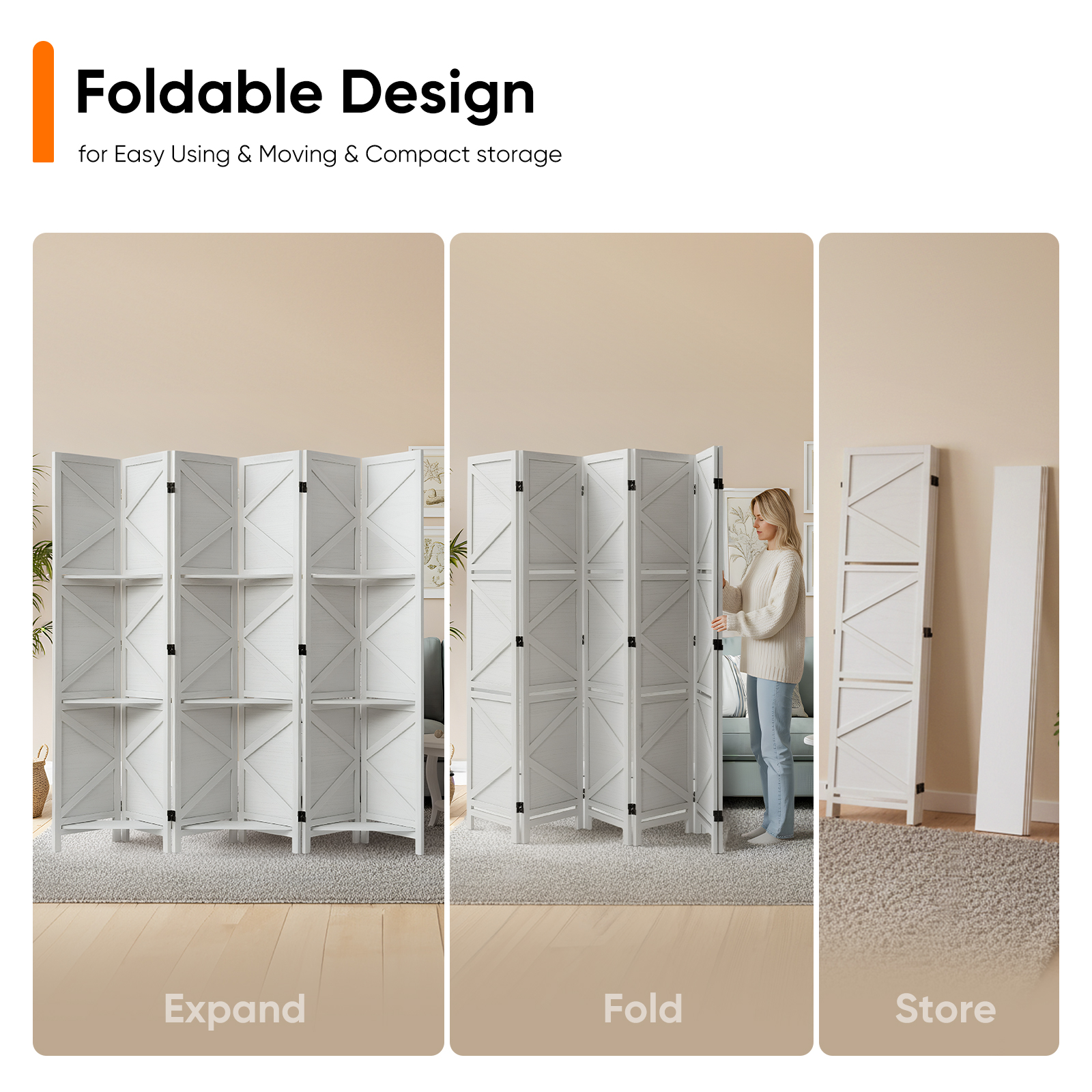 Modern Room Divider with Shelves X-Shape Design Folding Partition 6/4 Panel