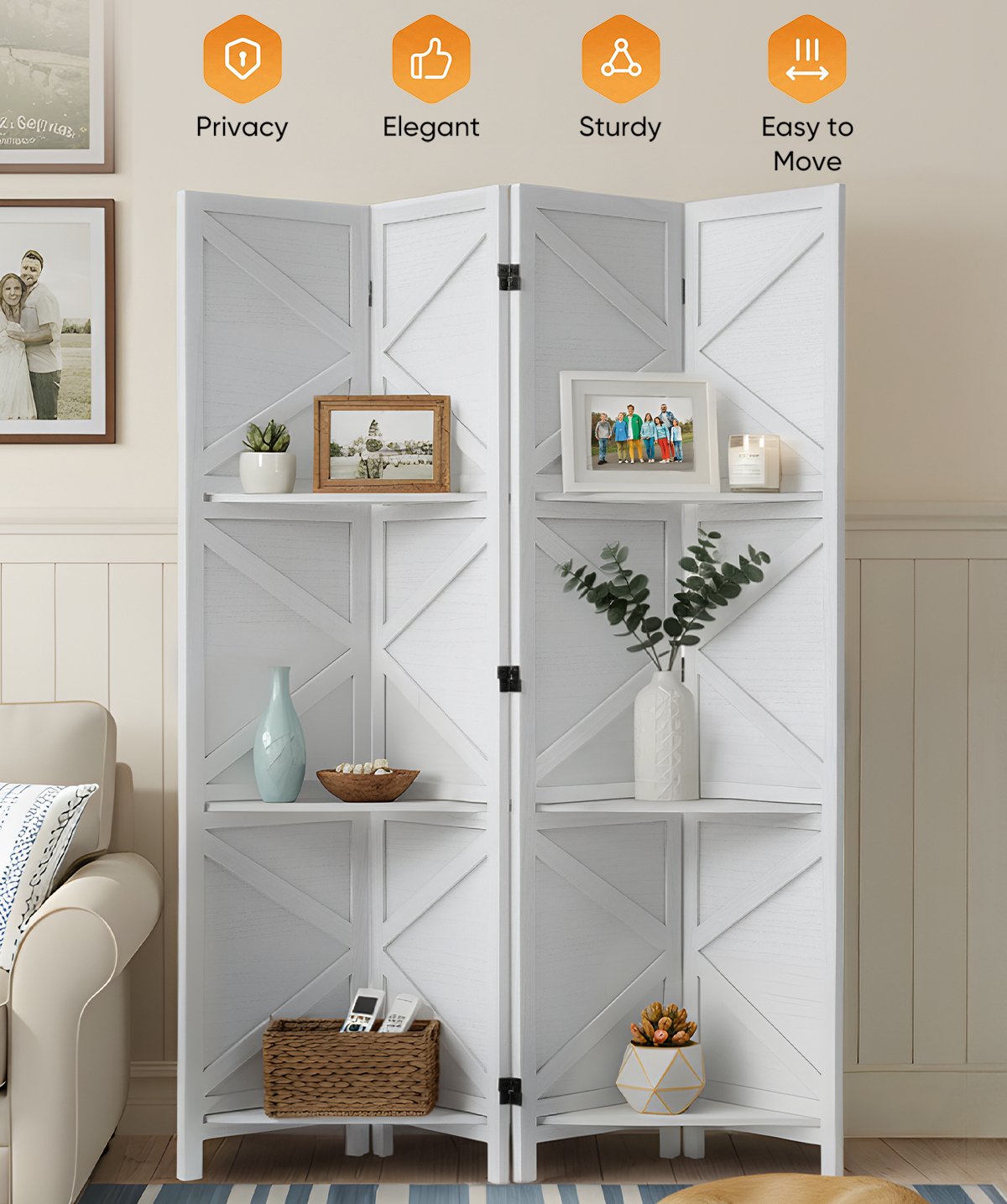 Modern Room Divider with Shelves X-Shape Design Folding Partition 6/4 Panel