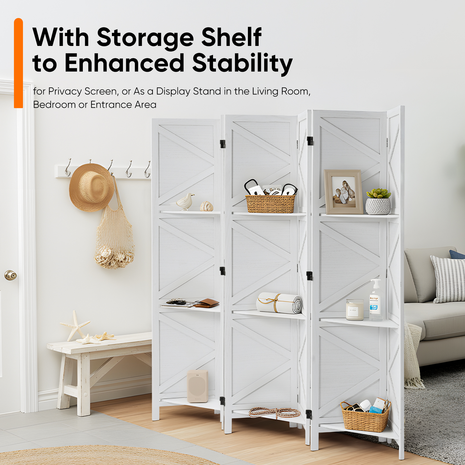 Modern Room Divider with Shelves X-Shape Design Folding Partition 6/4 Panel