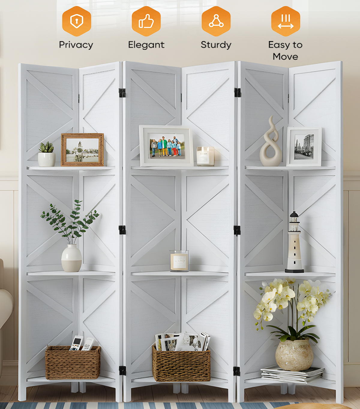 Modern Room Divider with Shelves X-Shape Design Folding Partition 6/4 Panel