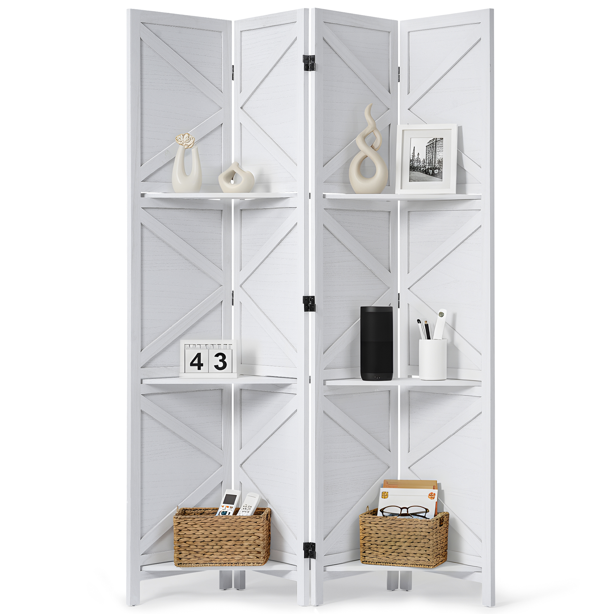 Modern Room Divider with Shelves X-Shape Design Folding Partition 6/4 Panel