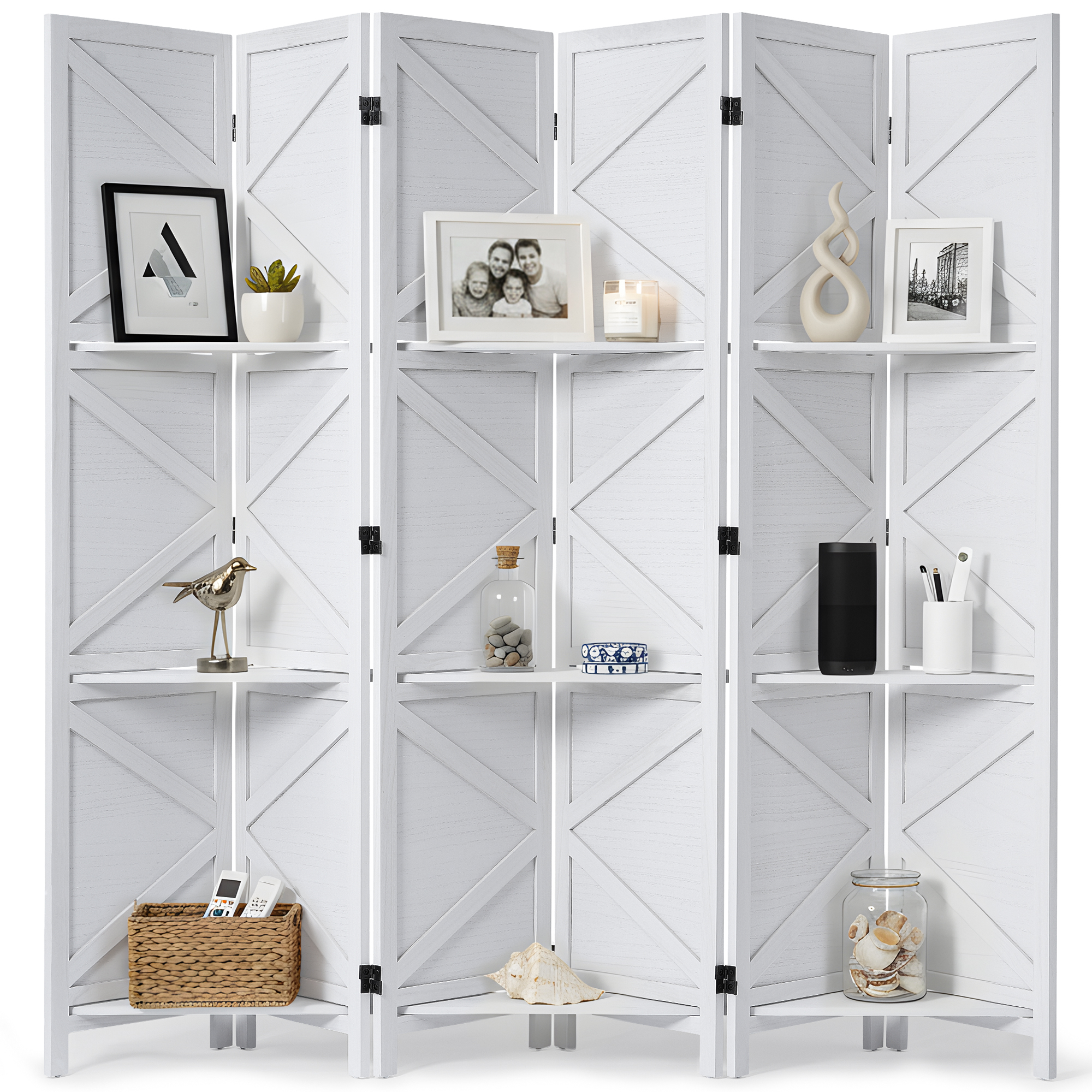 Modern Room Divider with Shelves X-Shape Design Folding Partition 6/4 Panel