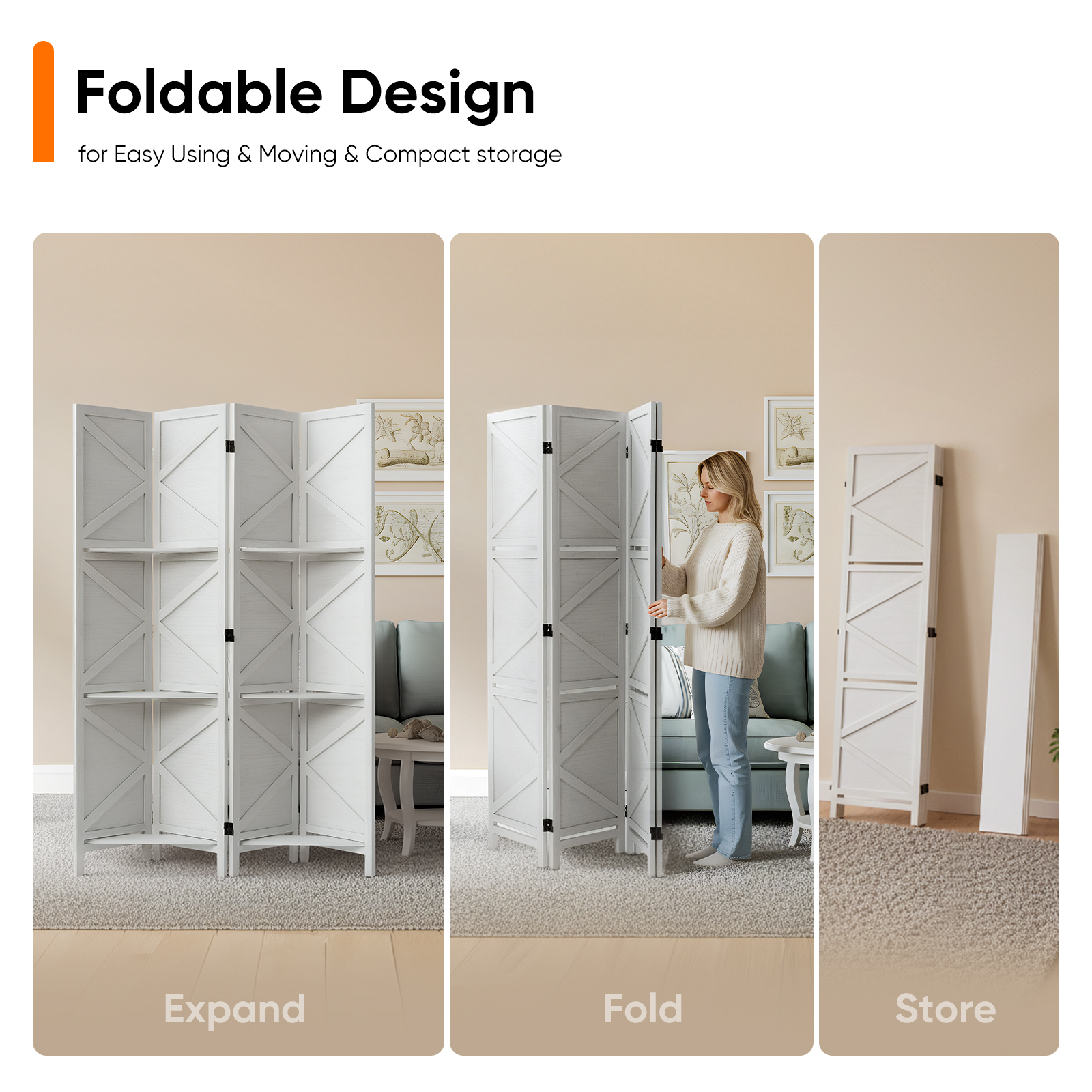 Modern Room Divider with Shelves X-Shape Design Folding Partition 6/4 Panel