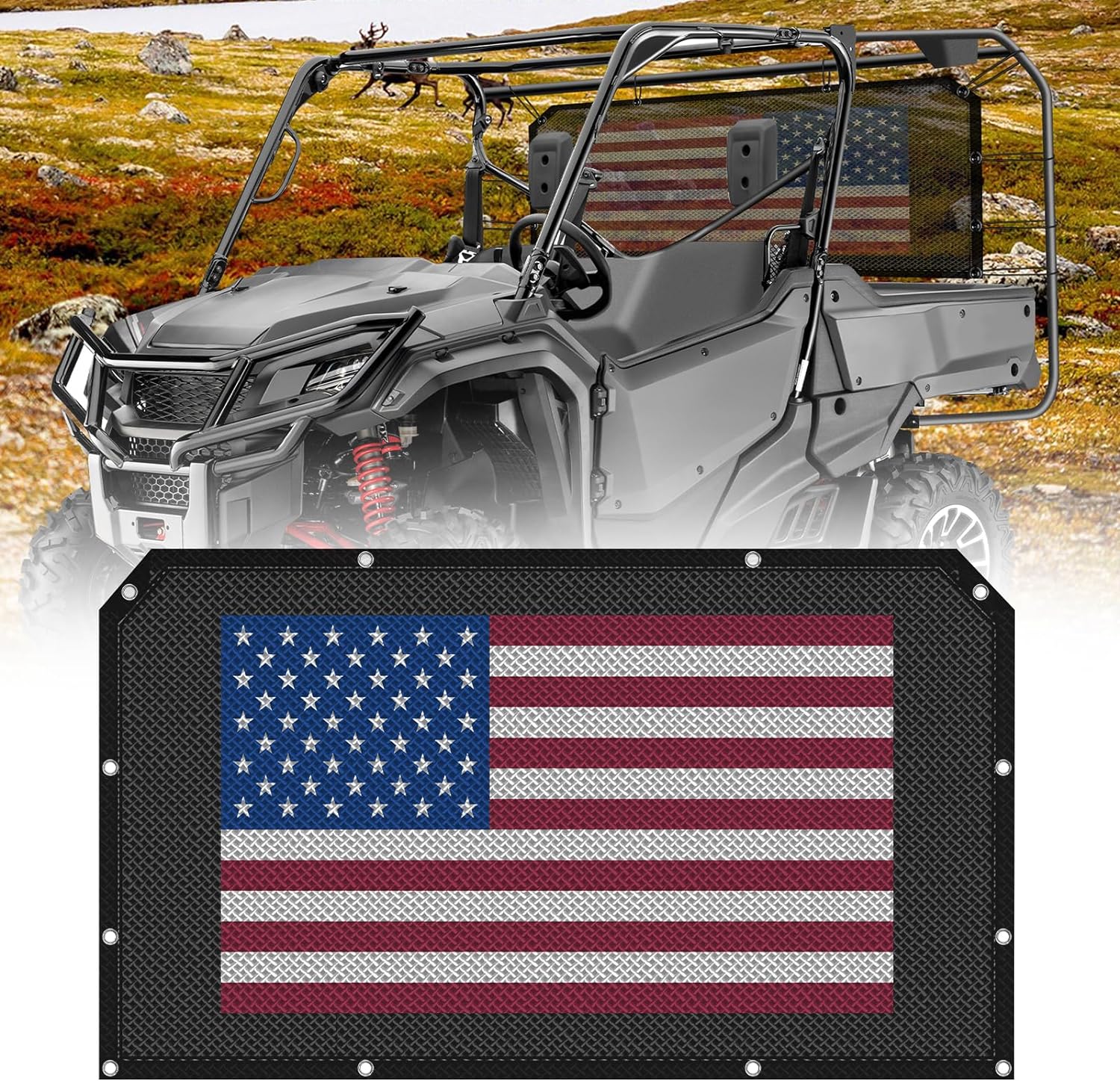 Rear Window Net Flag Panel Mesh Windshield for Honda Pioneer 1000