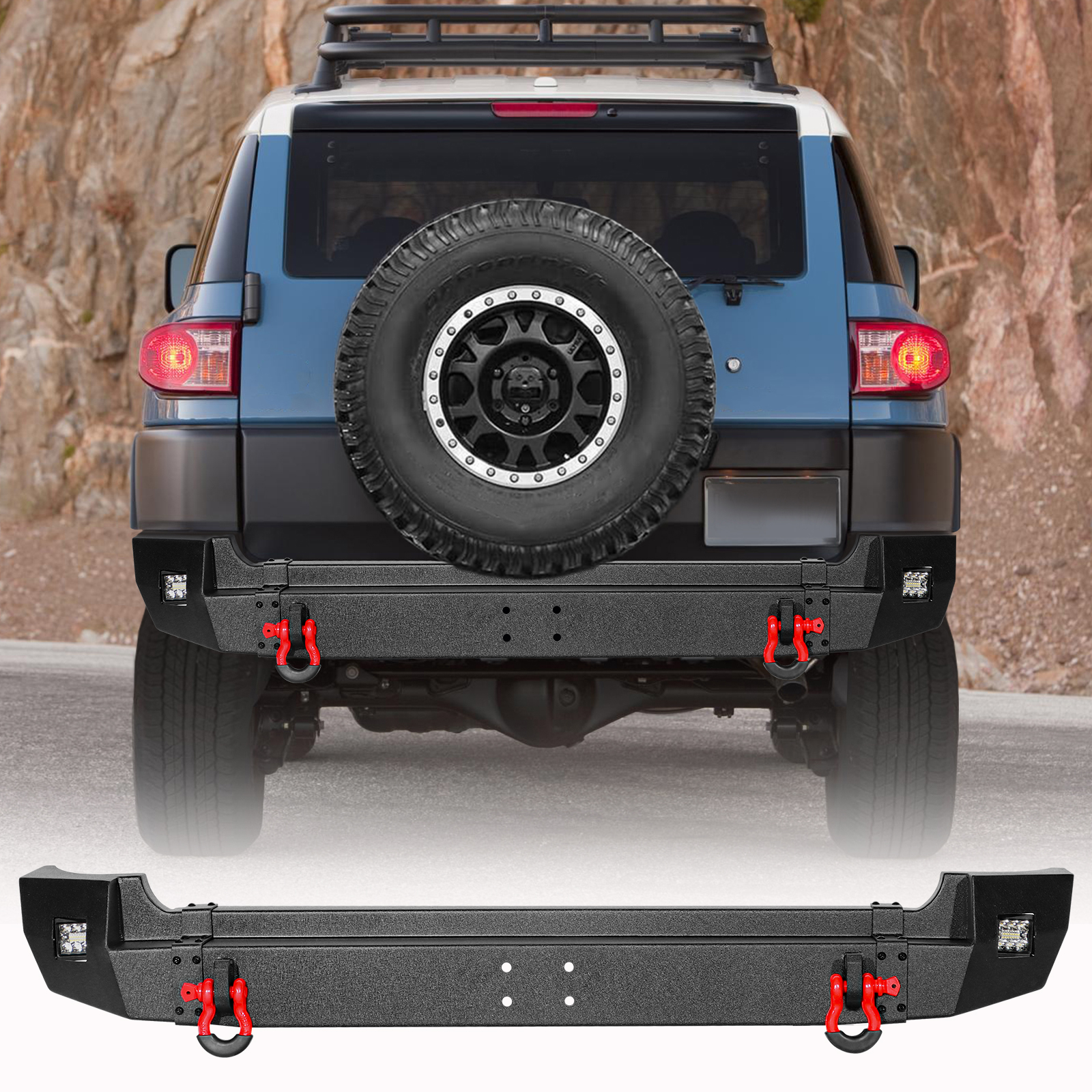 For 2007-2014 Toyota FJ Cruiser Offroad Rear Bumper w/D-Rings LED