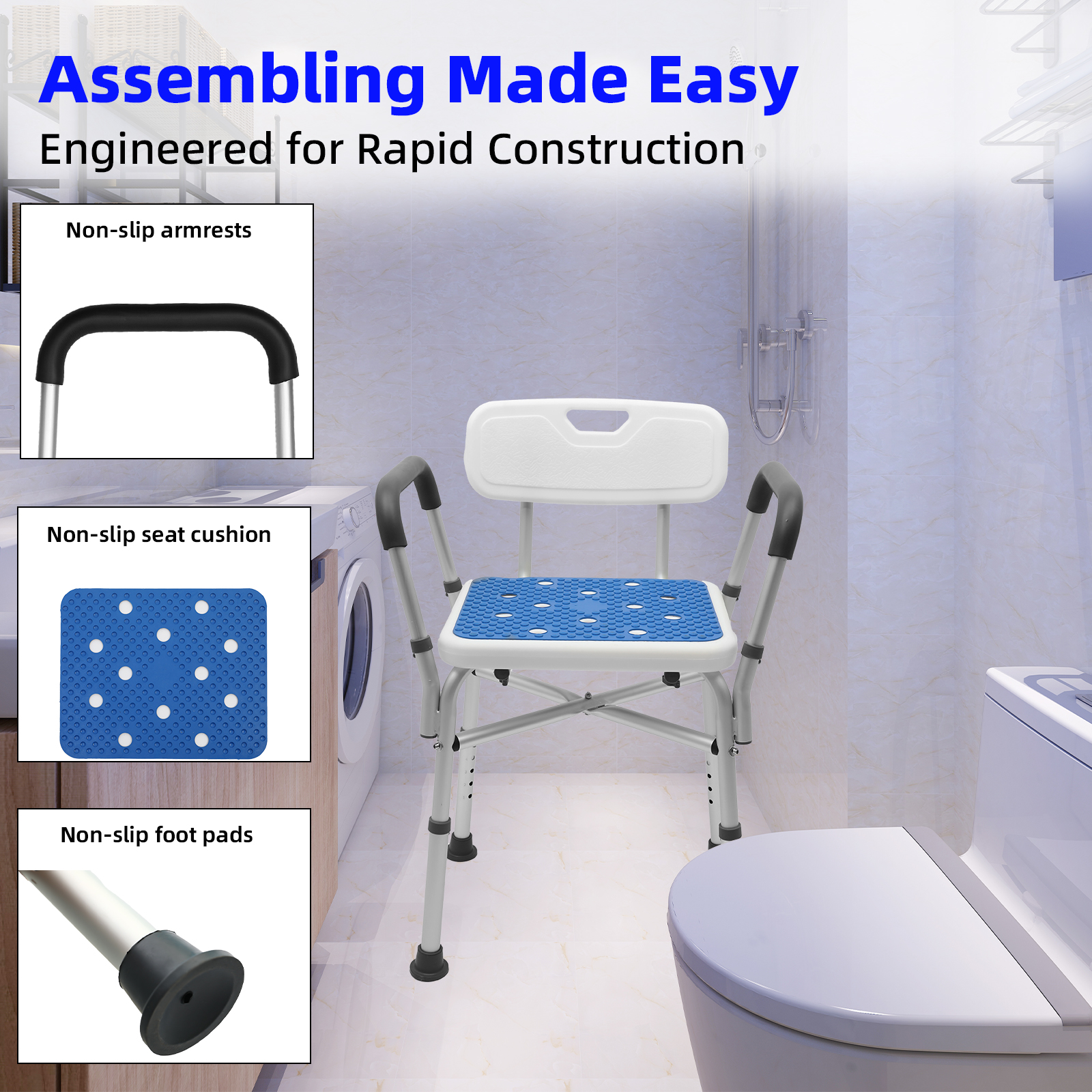 Toilet Safety Rail & Shower Chair Combo - Adjustable Bathroom Safety Equipment For Elderly
