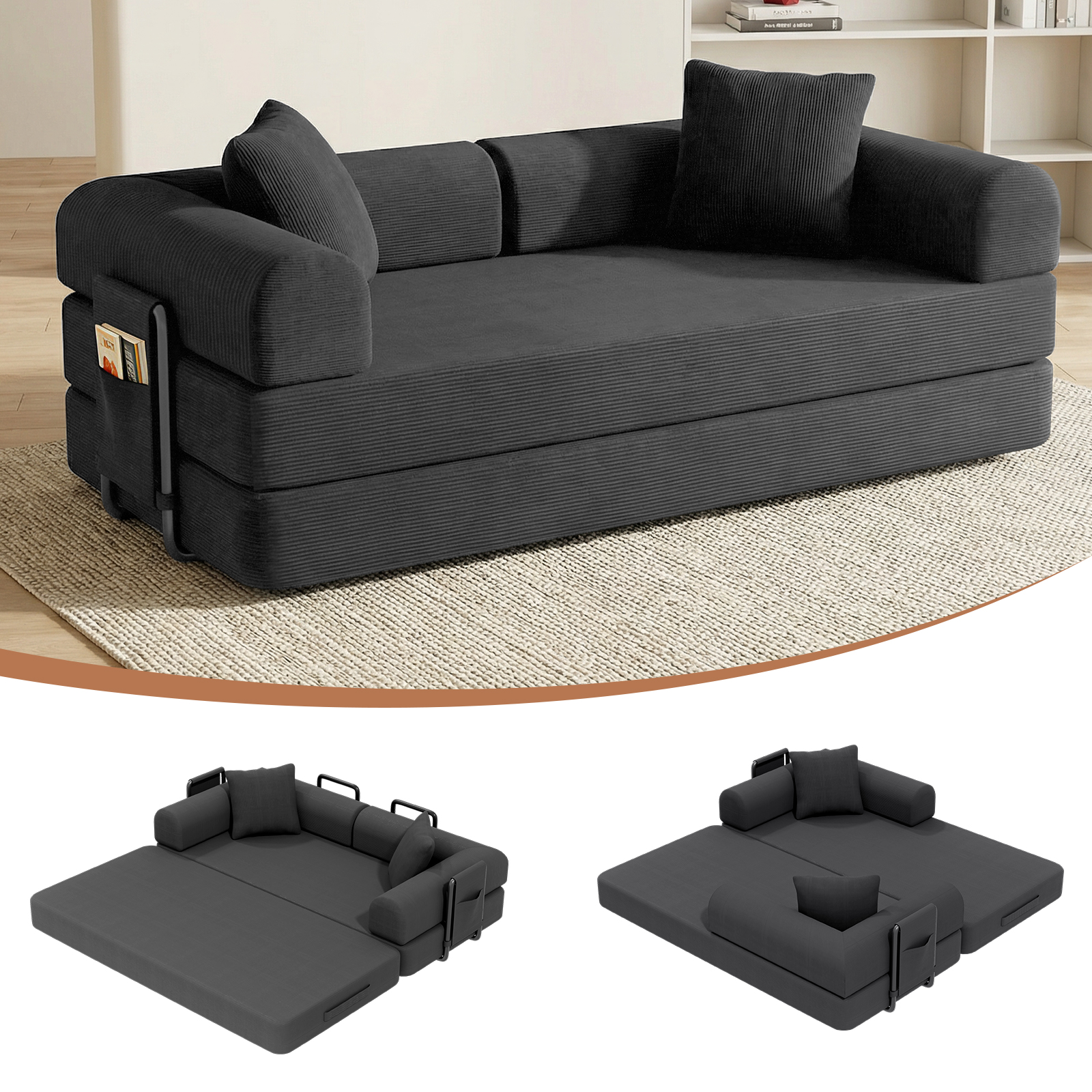 78″Convertible Sleeper Sofa Bed Corduroy Folding Mattress Couch with Fixed Frame