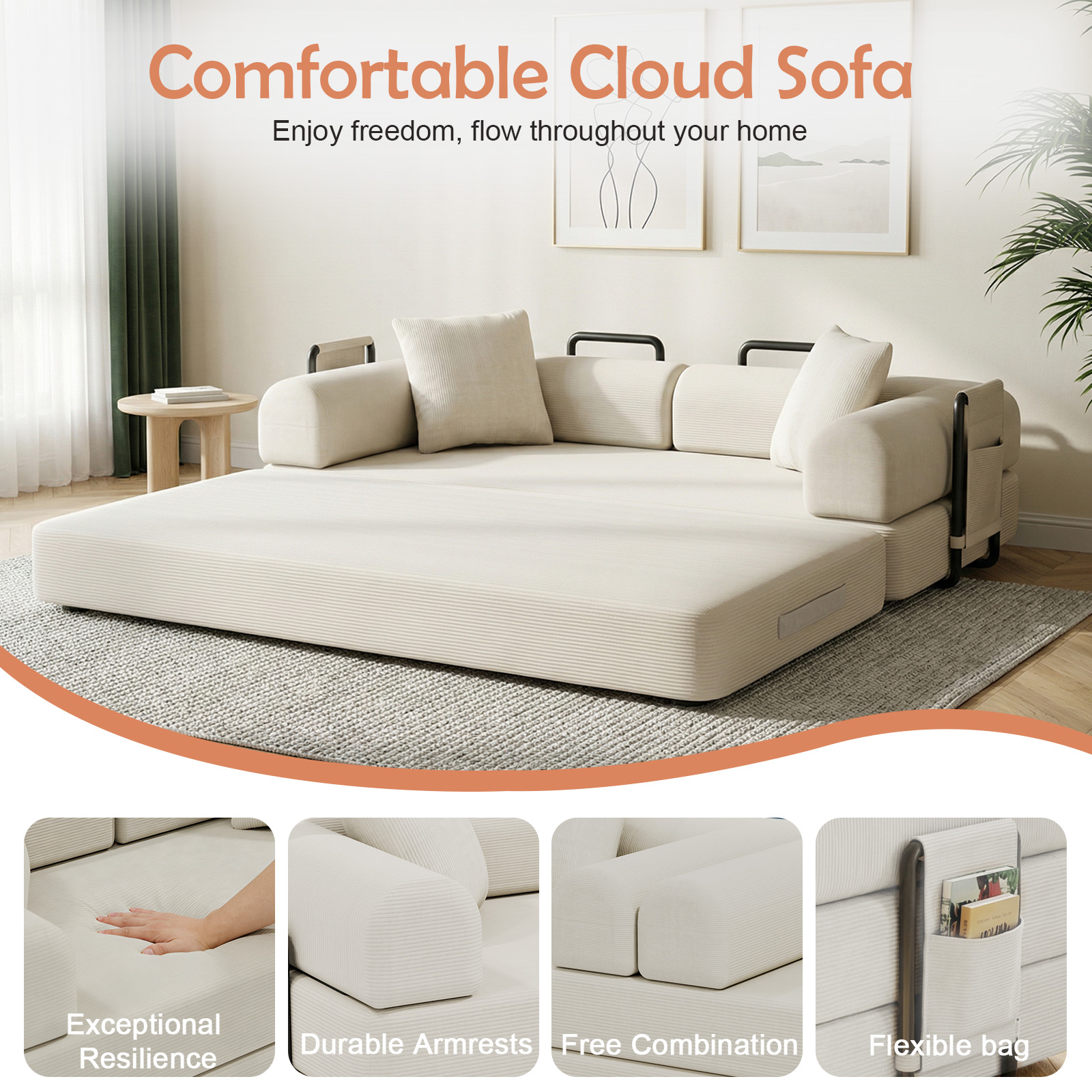 78in Convertible Sofa Bed Sleeper Boneless Couch Pull Out Bed w/ Zipper Washable