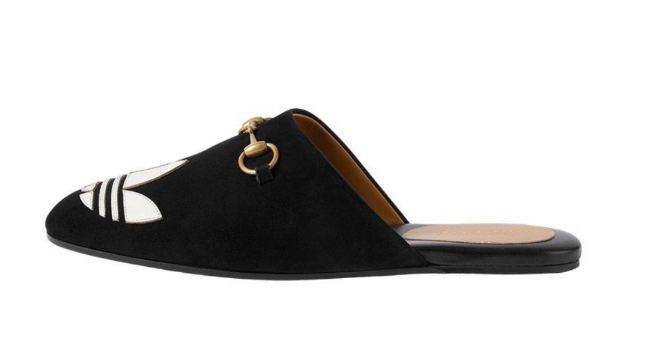 サンダル GUCCI Black Suede Slippers GUCCI x Adidas Originals Trefoil Slipper Suede Shoes Women's