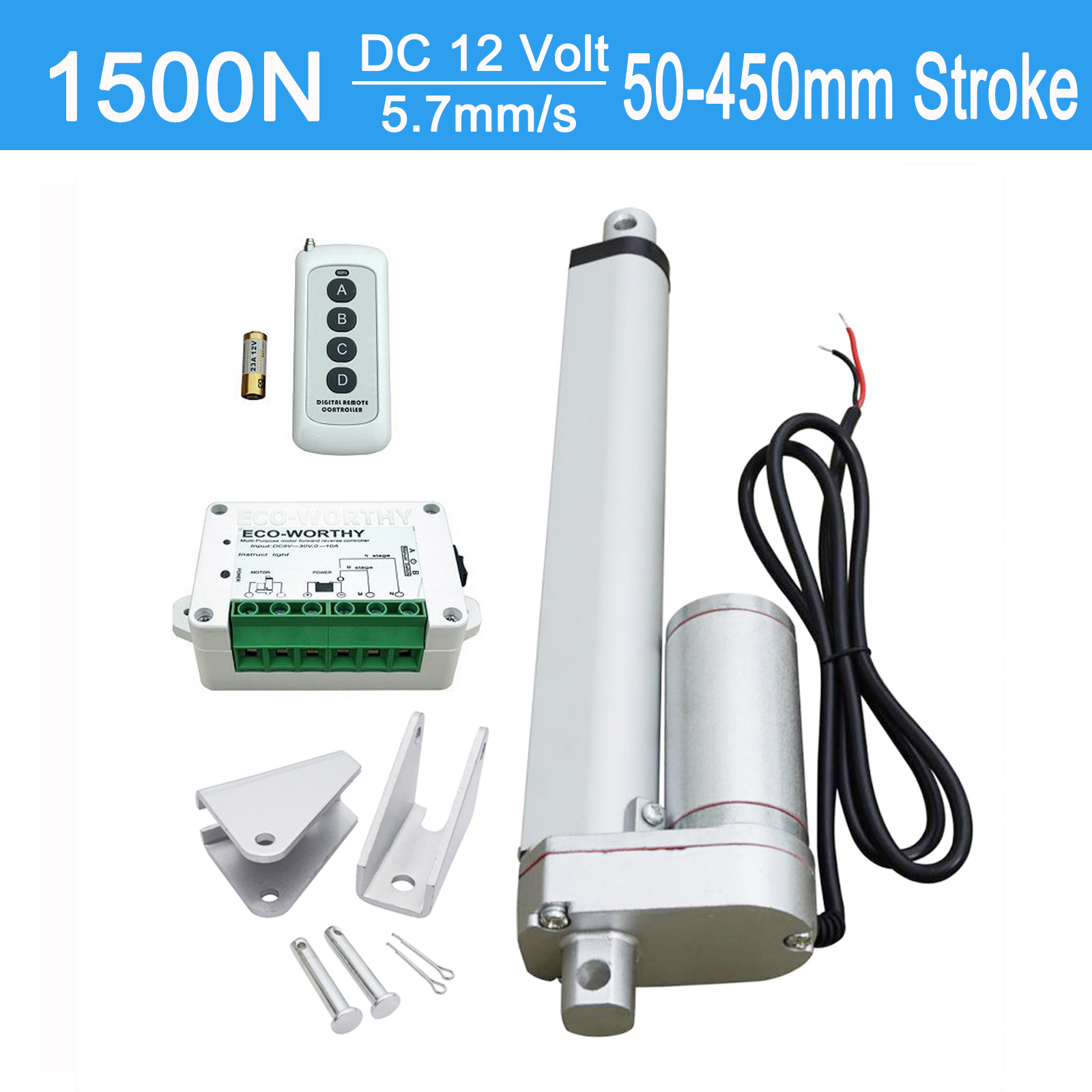 18/" inch 450mm 12V DC Linear Actuator /& Remote Controller 1500N Max Lifting Auto