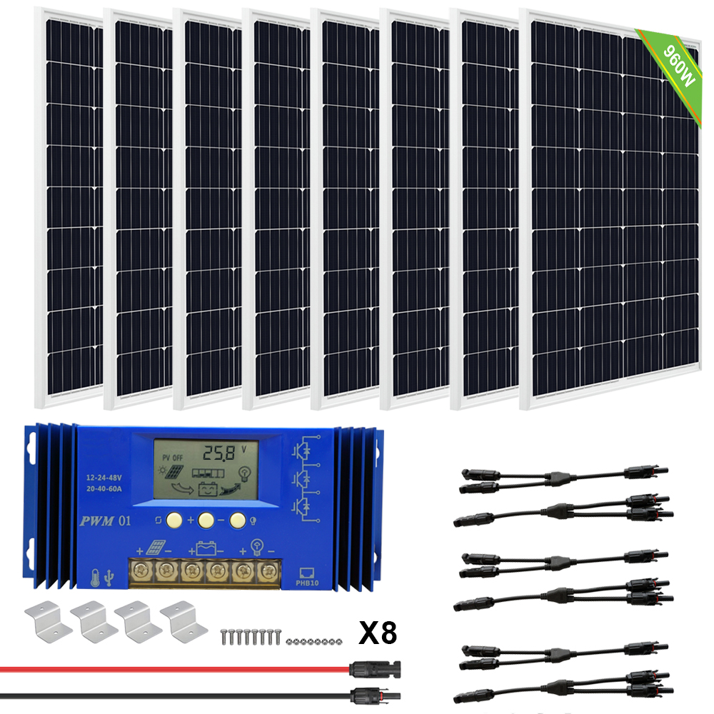 ECO-WORTHY Kit de panneaux solaires hors réseau 480 W 12 V : onduleur sinusoïdal pur 1500 W 24 V camping-car bateau contrôleur de chargeur de batterie 60 A pour maison 4 panneaux solaires 120 W 