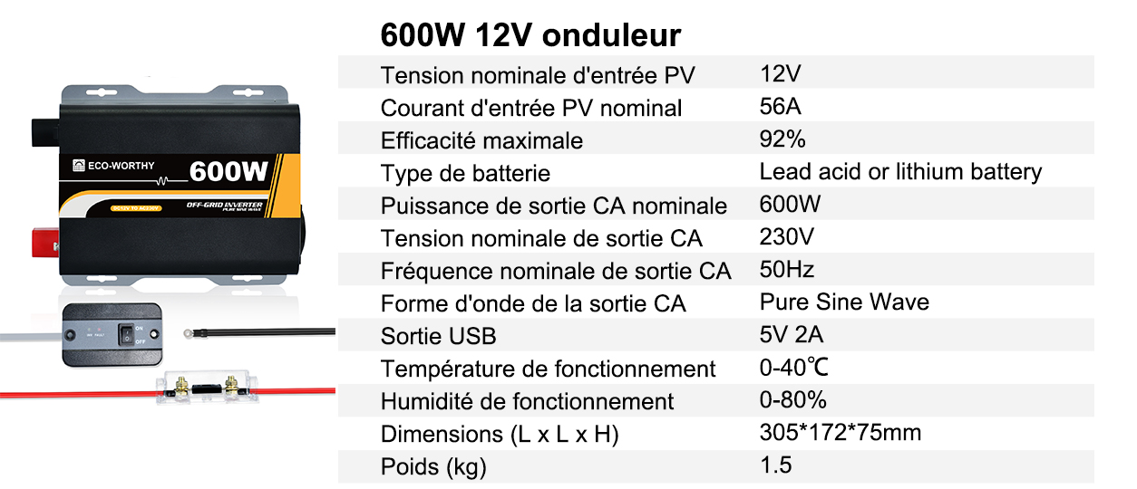 Kit Solaire Complet 120W 12V - Panneau + Batterie Lithium 50Ah + Onduleur 600W - Énergie Autonome