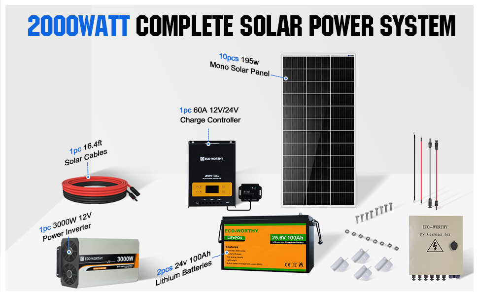 ECO-WORTHY 8KWH 2000W Watt 24Volt Solar Panel Kit Power System Off-grid for  Home