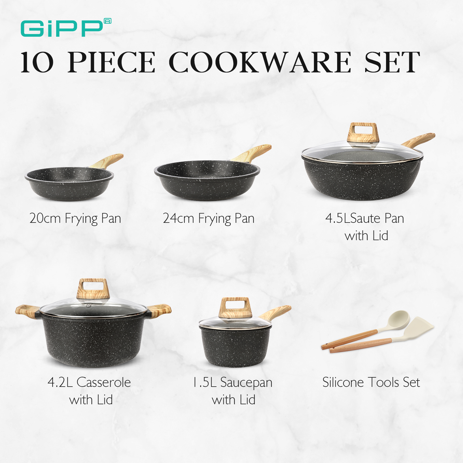 GiPP Nonstick Pots and Pans Set 10 Pcs Granite Kitchen Cookware Sets PFOA Free