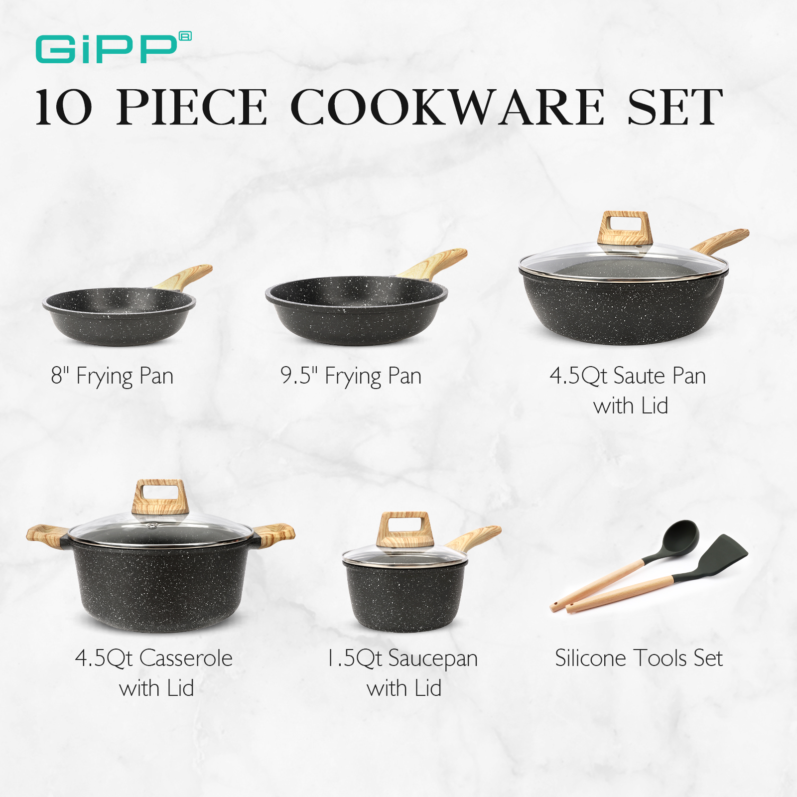 GiPP Nonstick Pots and Pans Set 10 Pcs Granite Kitchen Cookware Sets PFOA Free