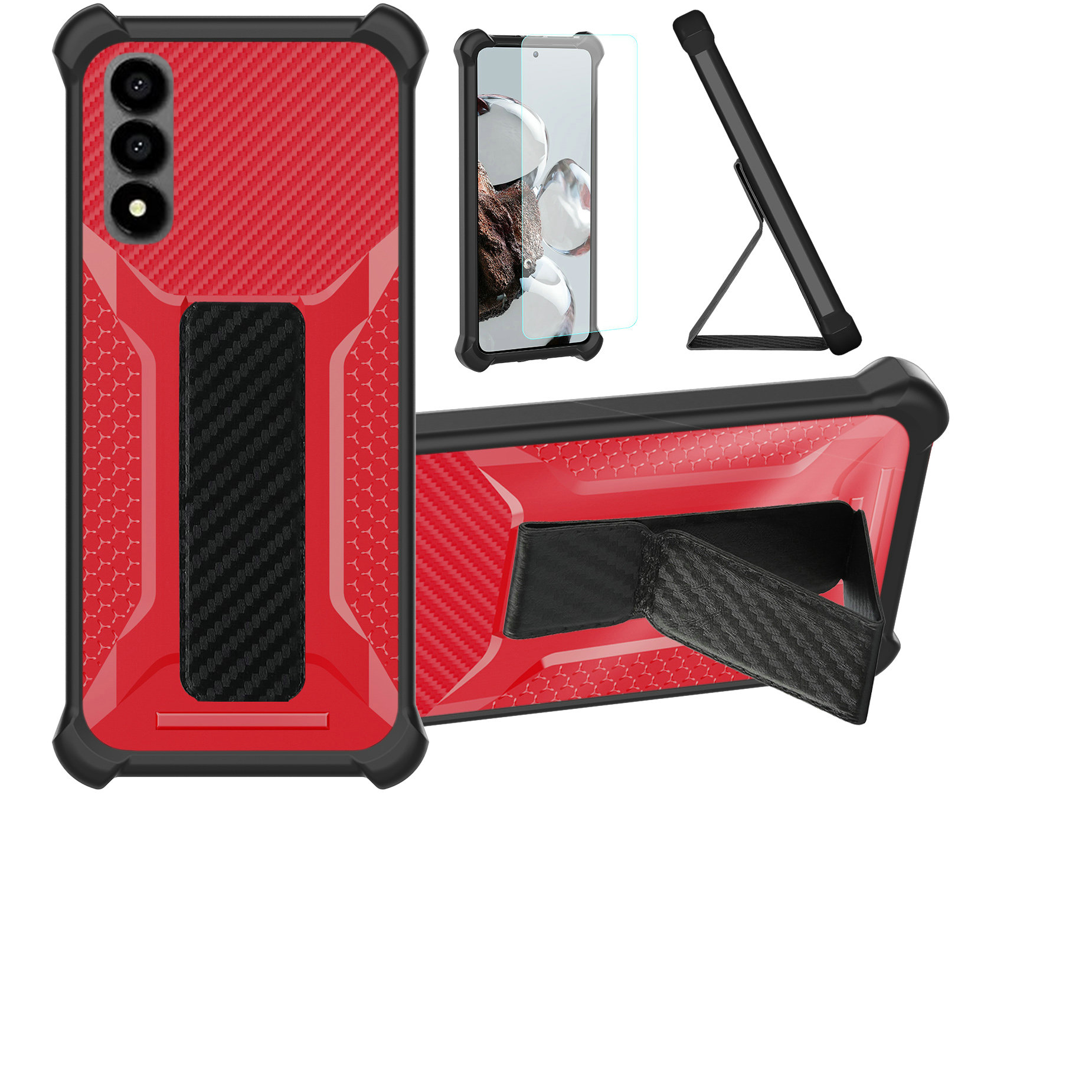Custodia 3 In 1 Per Honor X6A Con Vetro Temperato E Anello Porta Telefono - Cover Morbida TPU Antiurto, Rossa - 3