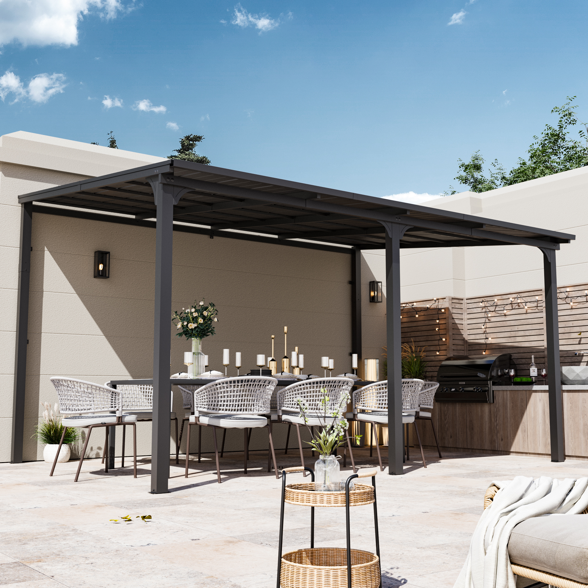 Outdoor Wall Mounted Gazebo Galvanized Steel Sloped Roof w/ Drainage Gutter
