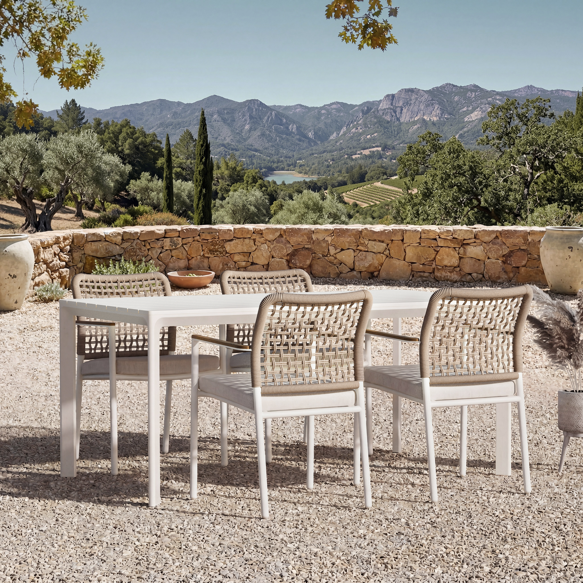 Outdoor Aluminum Dining Table and Chairs Set Fade Resistant Cushions & FSC Teak