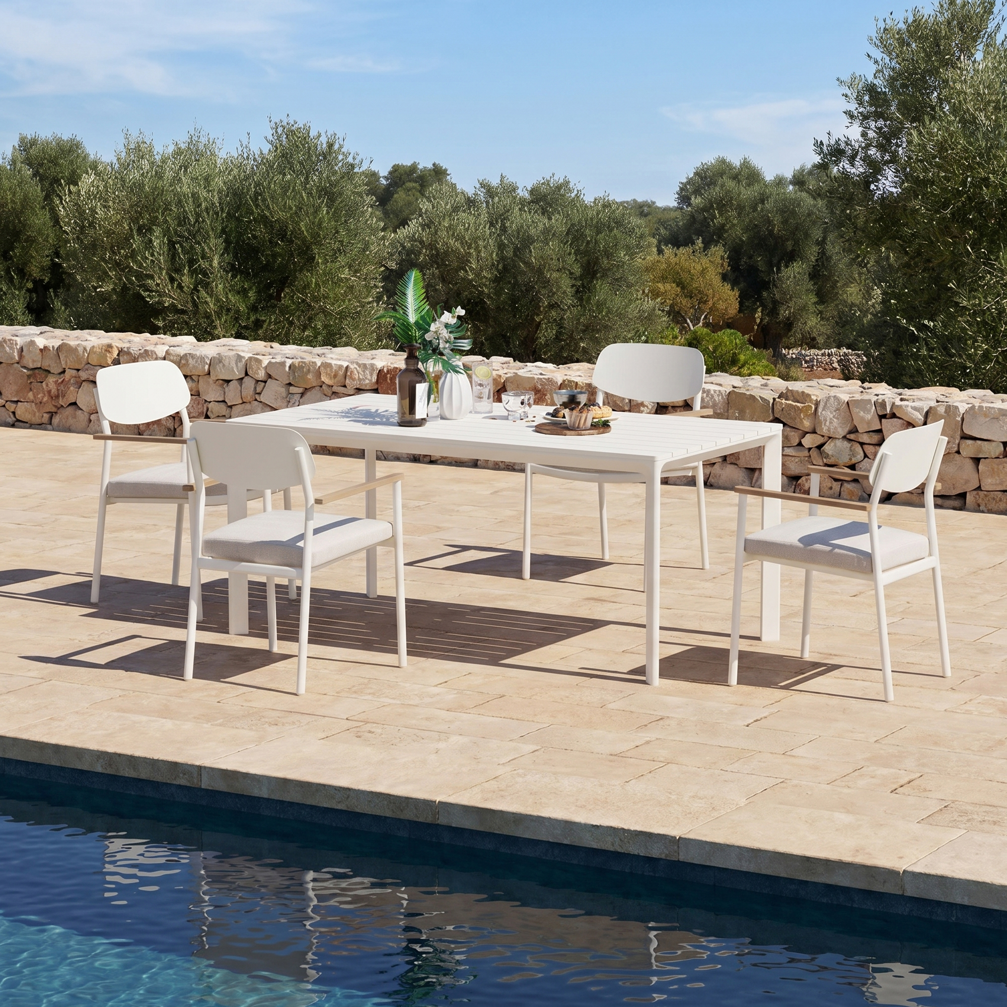 Outdoor Aluminum Dining Table and Chairs Set Fade Resistant Cushions & FSC Teak