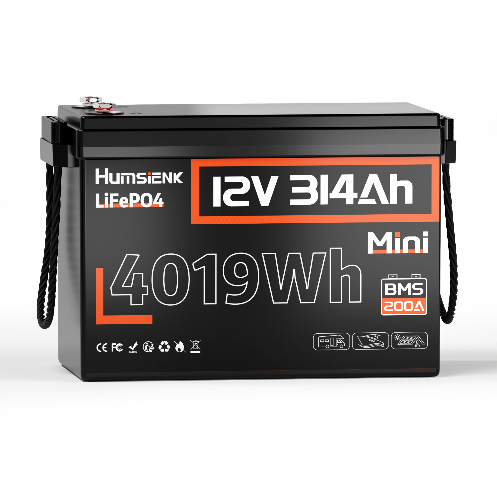 12V 314Ah 300Ah Mini LiFePO4 Battery 200A BMS 4019Wh Solar System Camping Pack