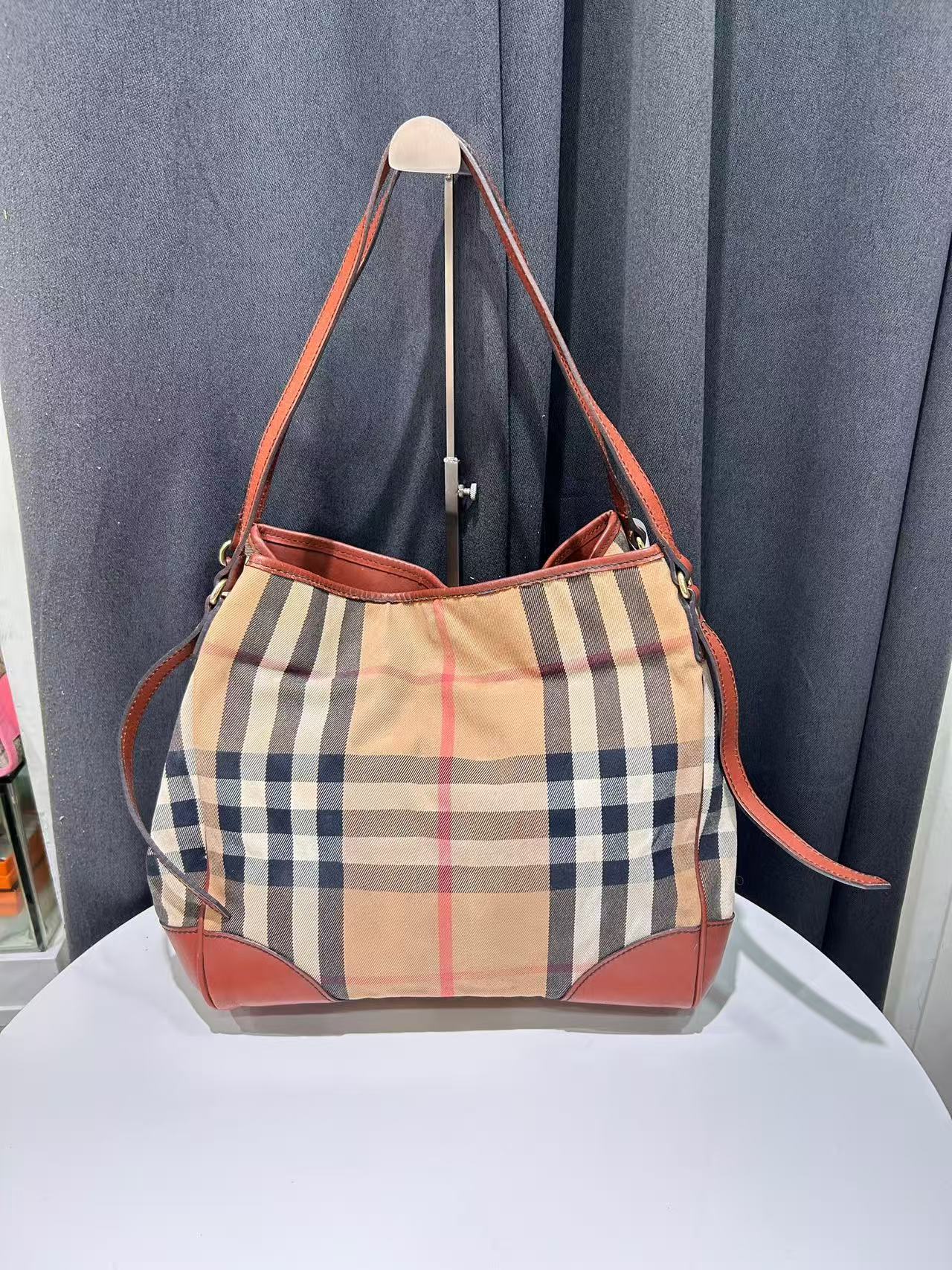 Authentic Burberry Haymarket Check Tote Canvas Leather Beige England