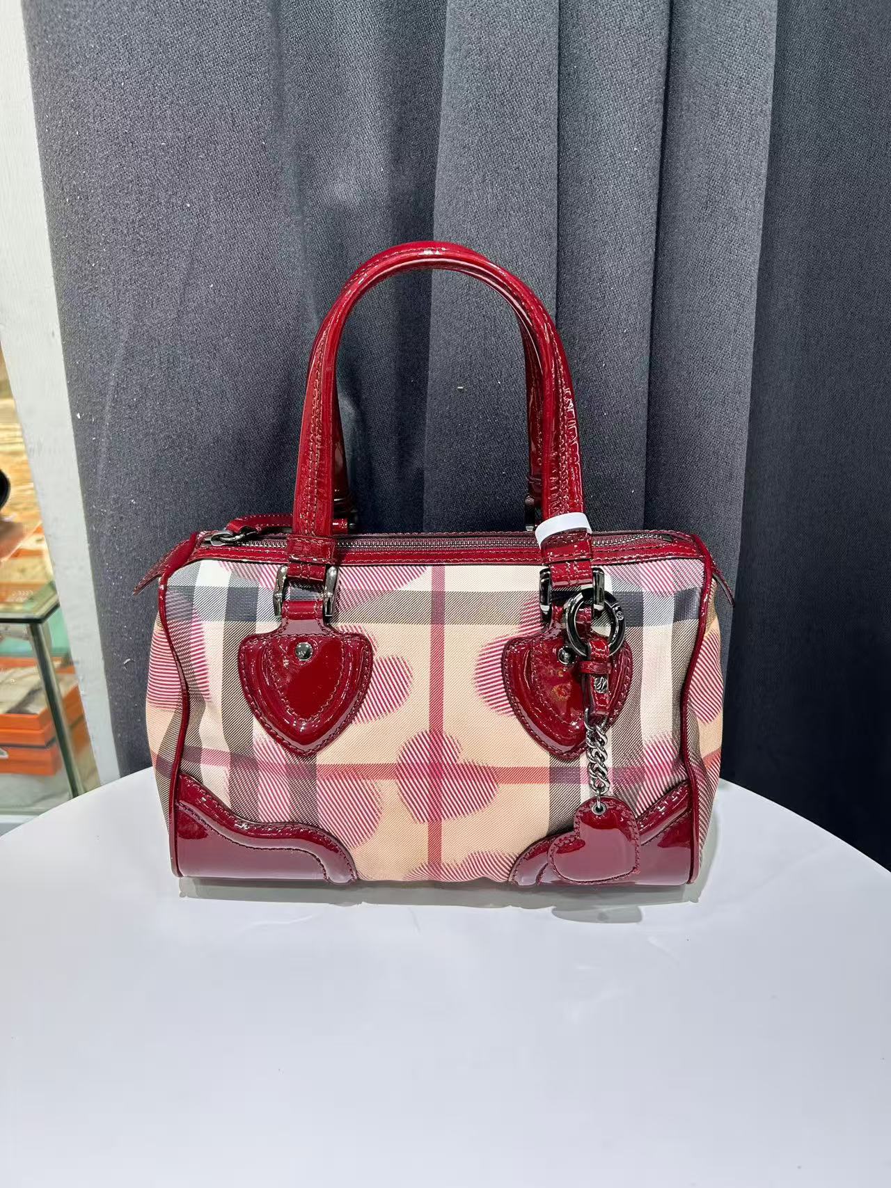Authentic Burberry Heart Check Patent Leather Boston Bag England