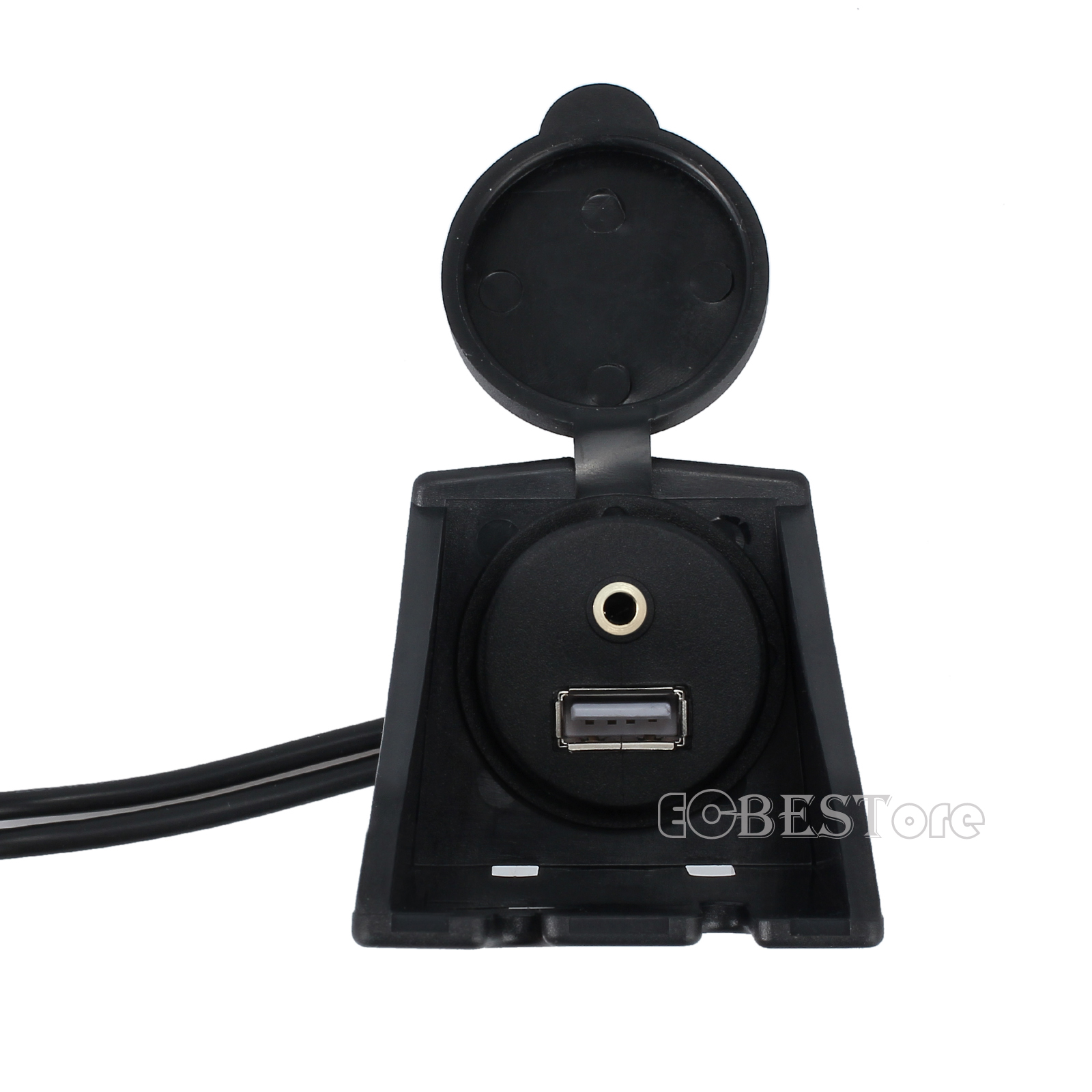 Car Dashboard Flush Mount USB 2.0 3.5mm AUX Socket Extension Lead Panel